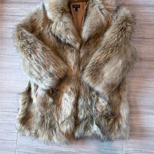 Topshop Plush Faux Fur Jacket in tan/brown